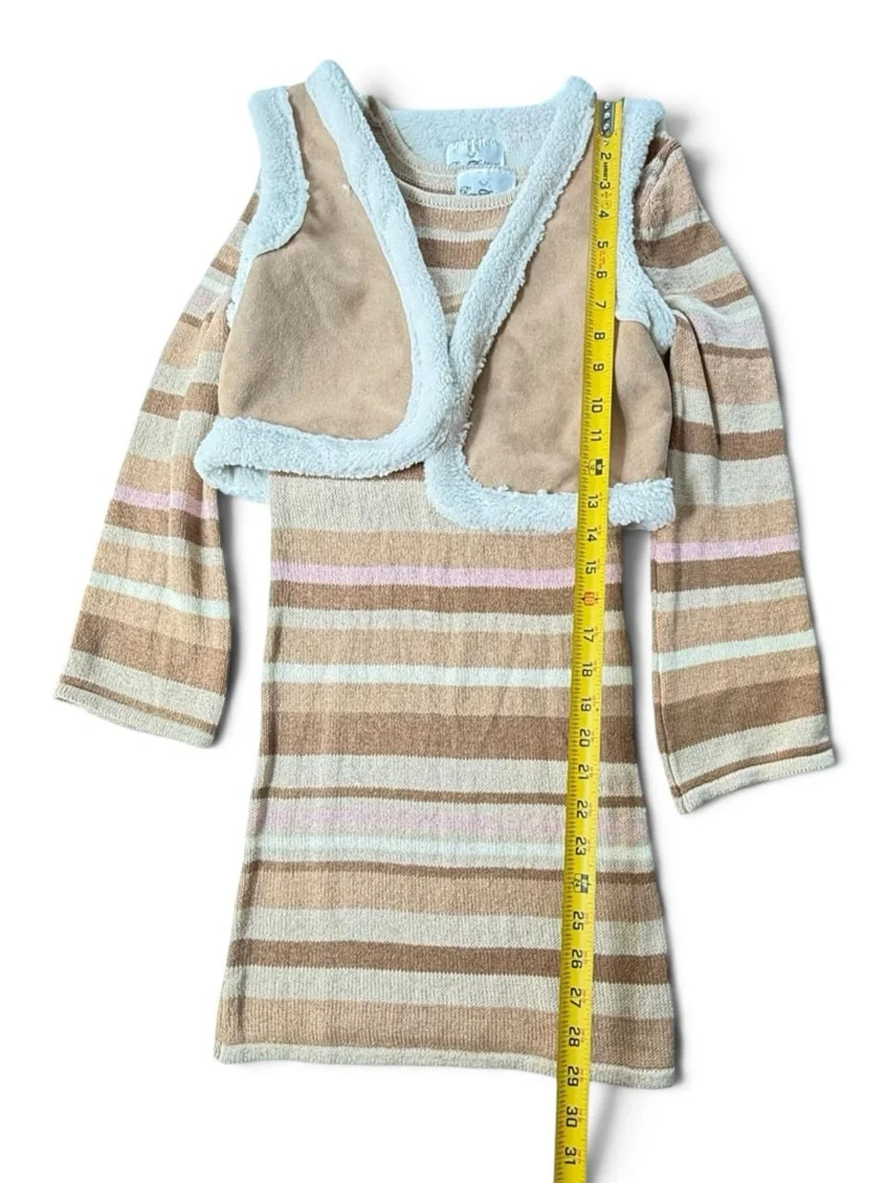 Rare Editions Girls 2 Piece Set Sweater Dress Vest Tan Striped Size 12 NWT